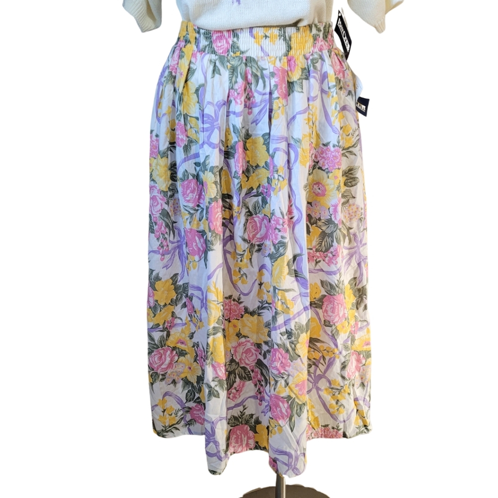 Vintage Floral Bow Print Midi Skirt 80s Pastel Skirt